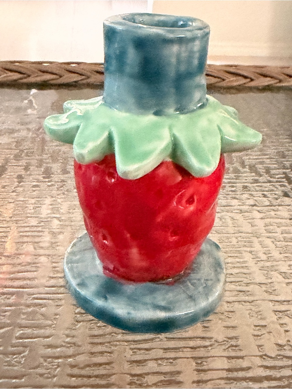 Handmade Ceramic Strawberry Candle Holder Fruit Red Green Blue Cottage New